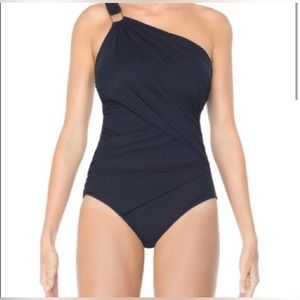 Spanx Swimsuit Black Whittle Waistline One Shoulder Draped Slimming